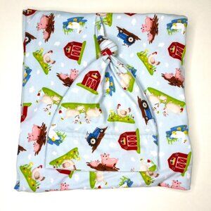 NEW Bumblito Barnyard Babies Stretch Swaddle Blanket & Hat Set Farm Animals